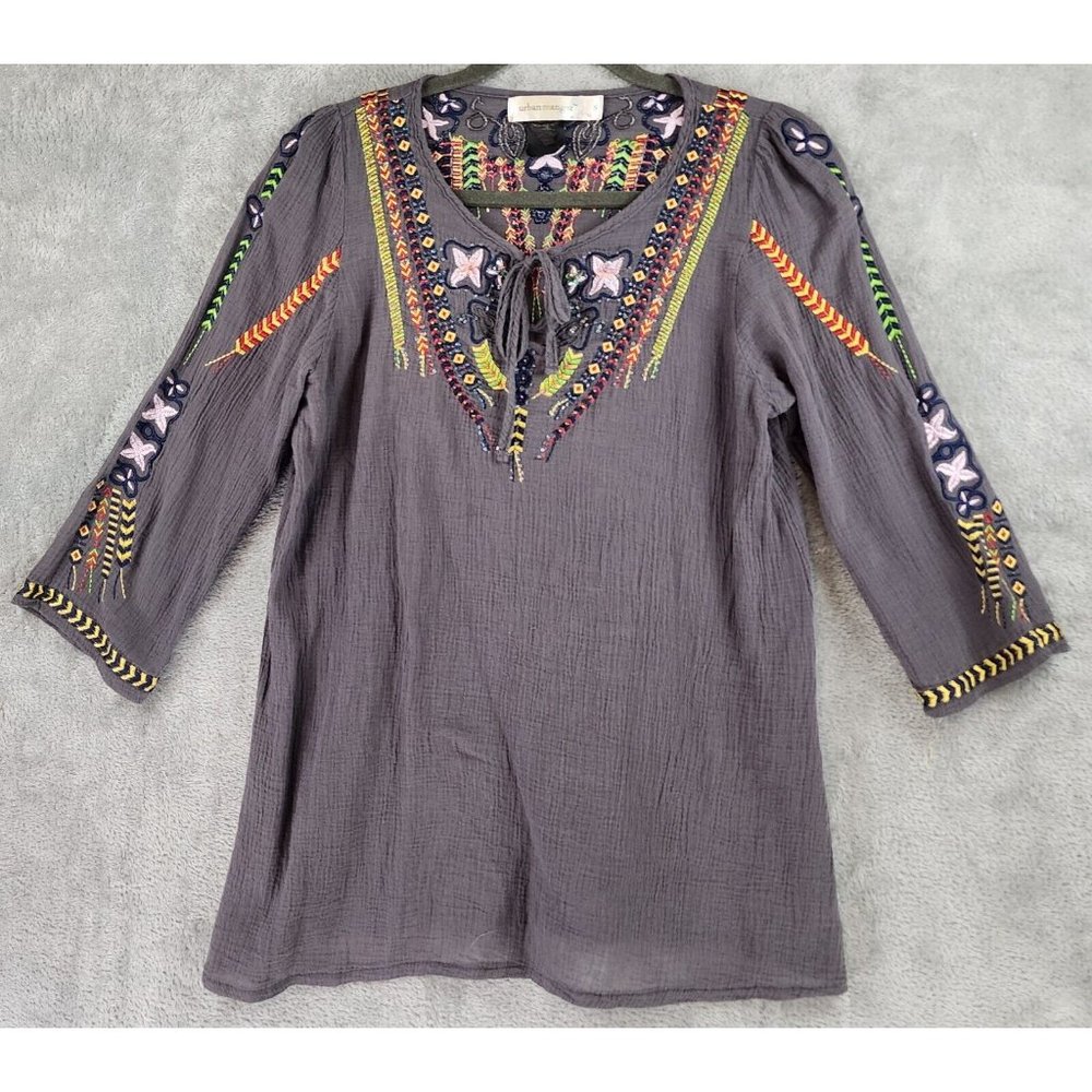 Urban Mangoz Shirt Womens Small Gray Embroidered Beaded Boho Hippie Gypsy Top - Picture 1 of 10